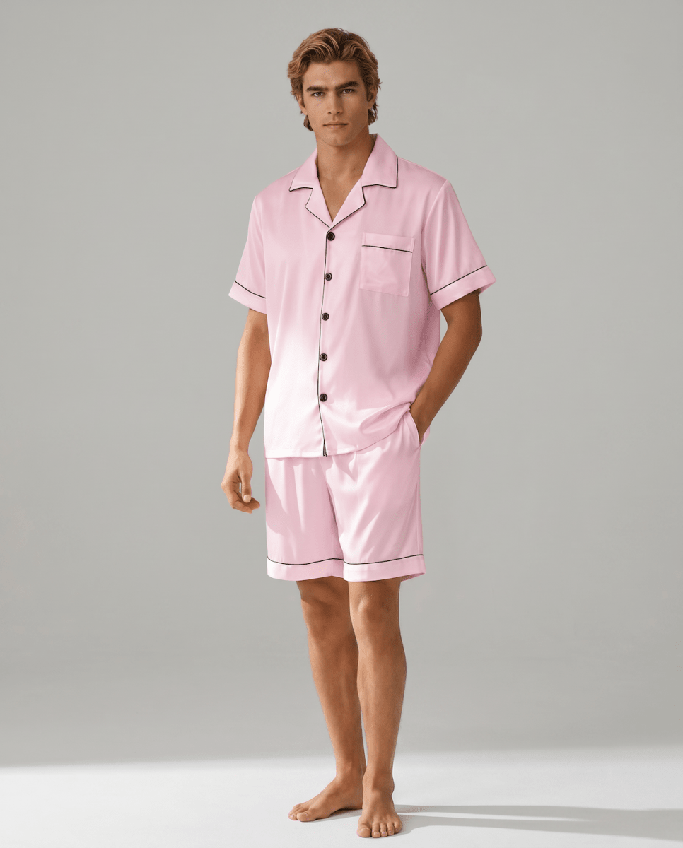 Men’s Short-Sleeve Pyjama Set – Button-Up Sleep Shirt and Matching Shorts with Contrast Piping