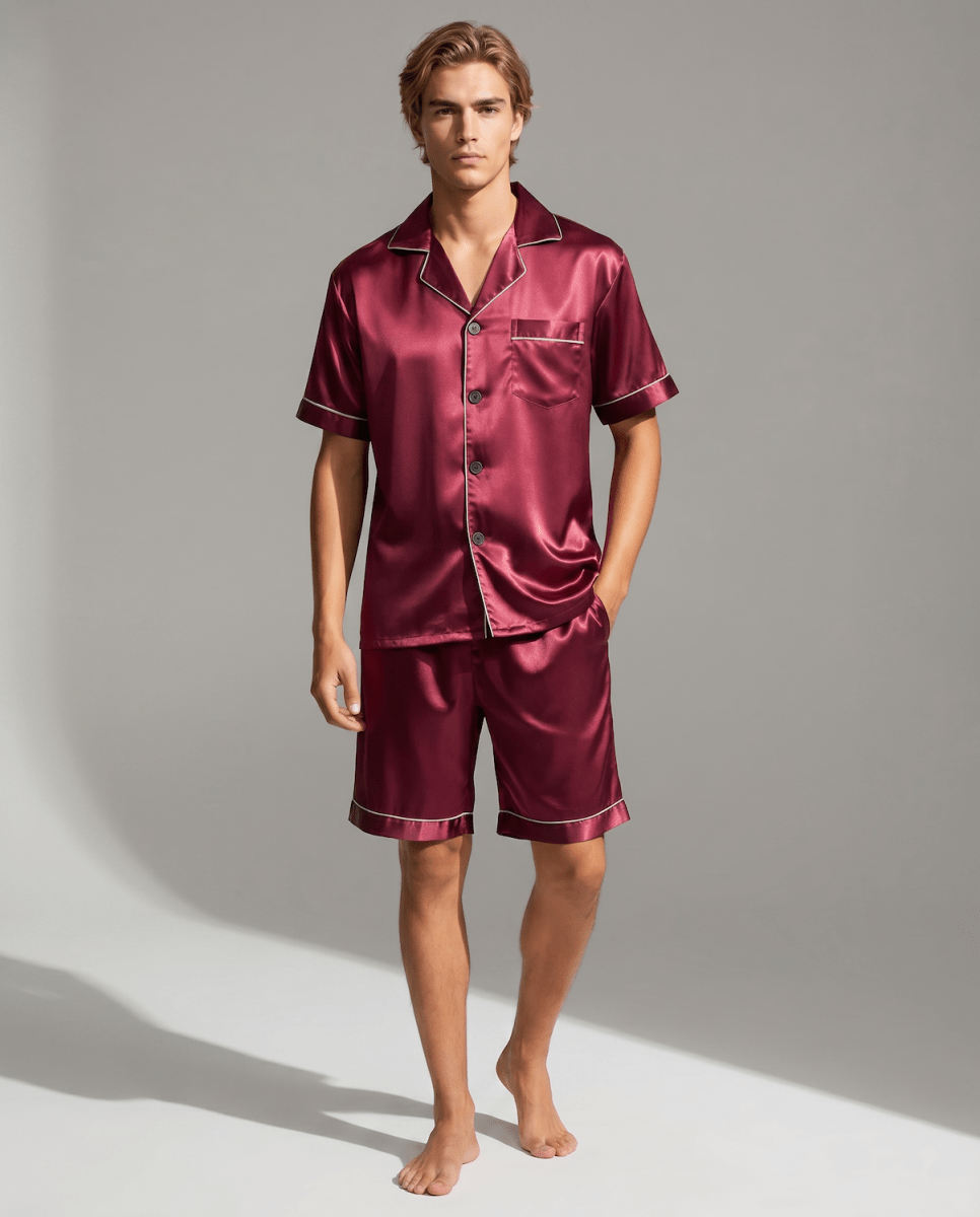 Men’s Short-Sleeve Pyjama Set – Button-Up Sleep Shirt and Matching Shorts with Contrast Piping