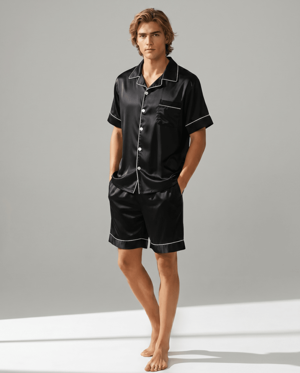 Men’s Short-Sleeve Pyjama Set – Button-Up Sleep Shirt and Matching Shorts with Contrast Piping