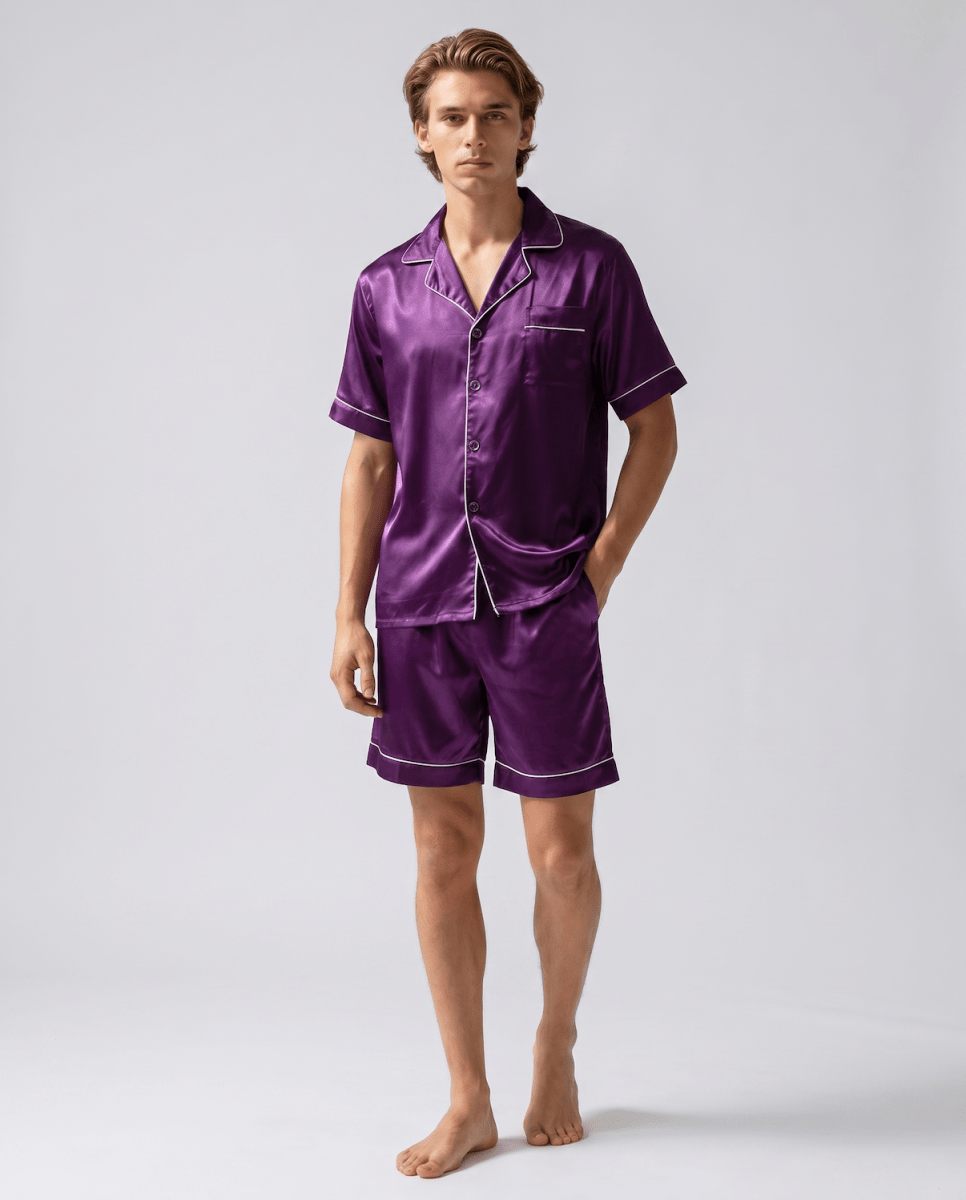 Men’s Short-Sleeve Pyjama Set – Button-Up Sleep Shirt and Matching Shorts with Contrast Piping