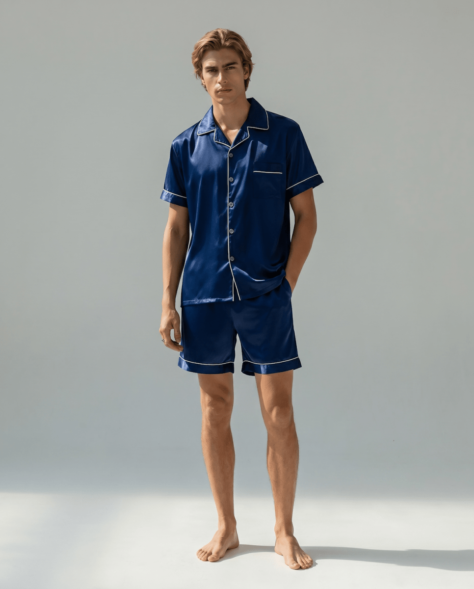 Men’s Short-Sleeve Pyjama Set – Button-Up Sleep Shirt and Matching Shorts with Contrast Piping