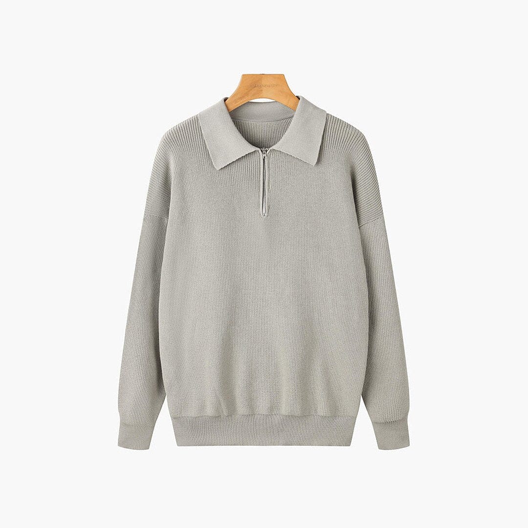 Pulover polo bărbătesc din bumbac reiat, cu guler cu fermoar – tricot cu mâneci lungi și croială lejeră pentru zile de lucru smart casual și stratificare elegantă în perioadele de tranziție