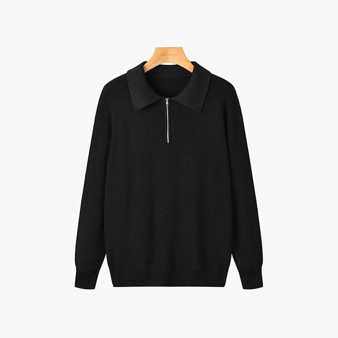 Pulover polo bărbătesc din bumbac reiat, cu guler cu fermoar – tricot cu mâneci lungi și croială lejeră pentru zile de lucru smart casual și stratificare elegantă în perioadele de tranziție