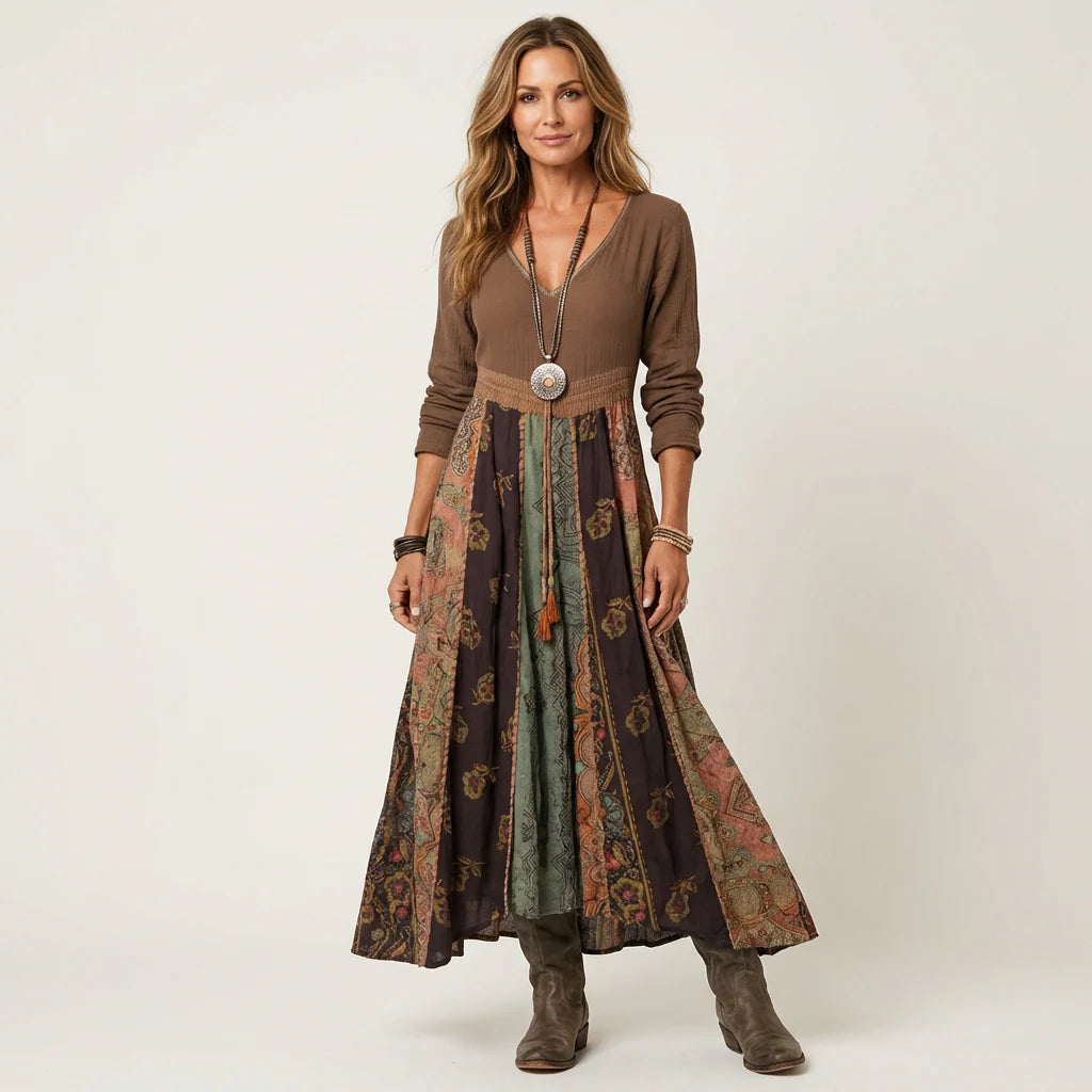 Vestido maxi bohemio estampado para mujer con escote en V