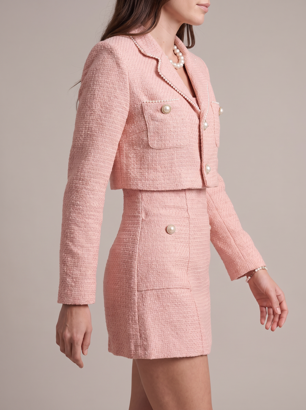 Conjunto de duas peças de vestido curto em tweed para mulher – Casaco curto com botões estilo pérola para festas e ocasiões especiais