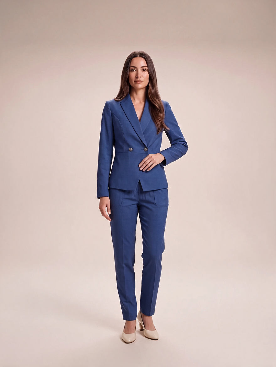 Damespak met pantalon - Getailleerde blazer met dubbele rij knopen en pantalon met rechte pijpen voor kantoor en avondkleding