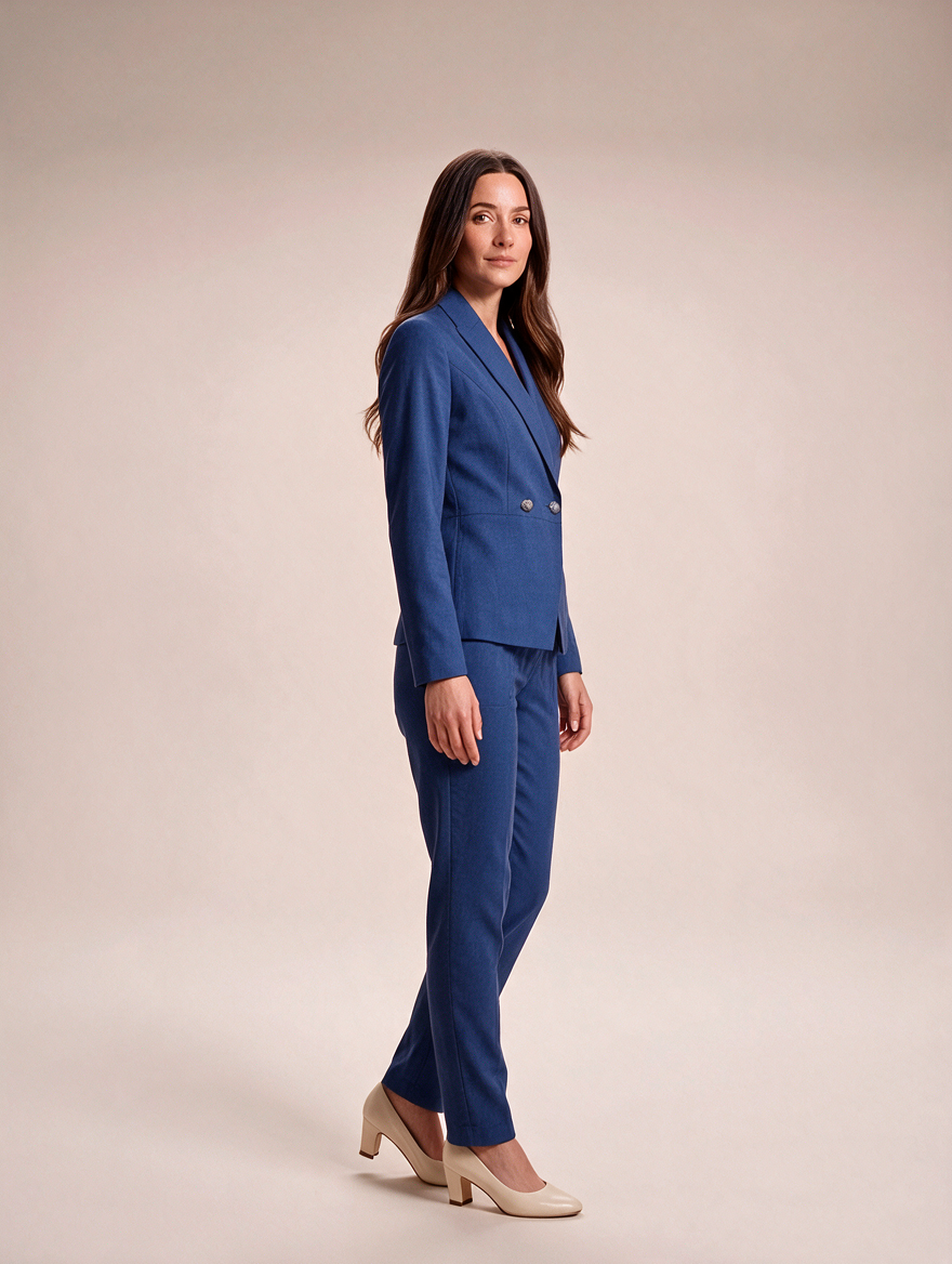 Damespak met pantalon - Getailleerde blazer met dubbele rij knopen en pantalon met rechte pijpen voor kantoor en avondkleding