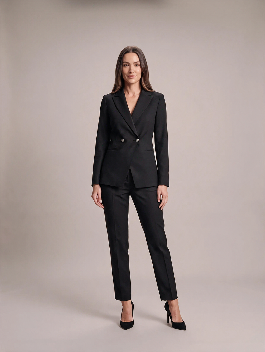 Damespak met pantalon - Getailleerde blazer met dubbele rij knopen en pantalon met rechte pijpen voor kantoor en avondkleding