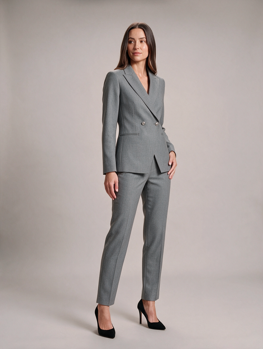 Damespak met pantalon - Getailleerde blazer met dubbele rij knopen en pantalon met rechte pijpen voor kantoor en avondkleding