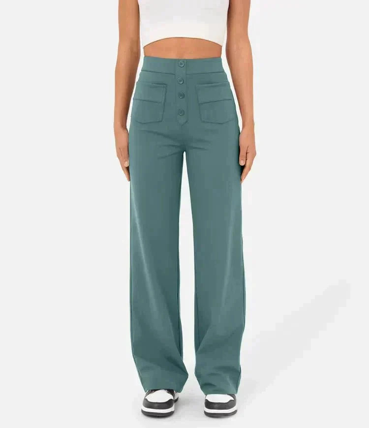 Naisten korkeavyötäröiset leveälahkeiset joustohousut - väljä täyspitkä malli työmatkoille ja jokapäiväiseen käyttöön