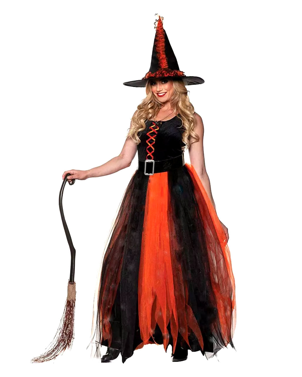 Women's Black and Orange Witch Dress Hat and Belt Halloween Costume