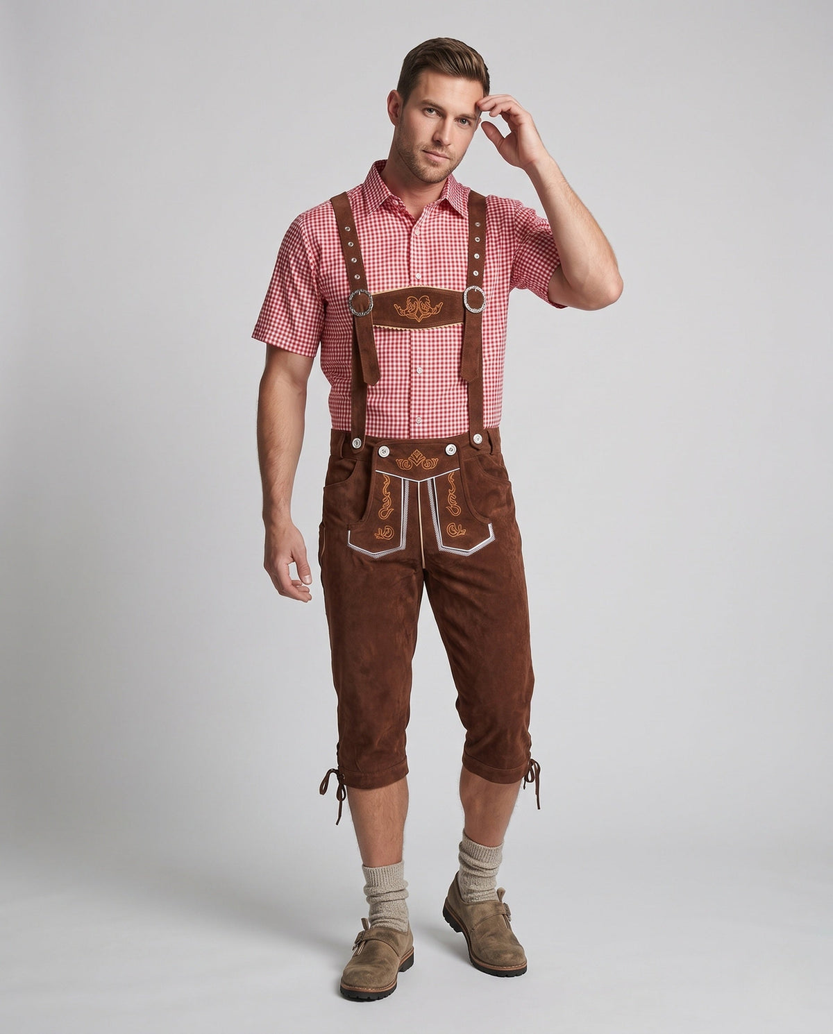 Traditionelle læder-Lederhosen-shorts til mænd – broderede seleshorts i knælængde til bayerske Oktoberfest-festivaler, folkefester, kulturarvsbegivenheder og traditionel styling