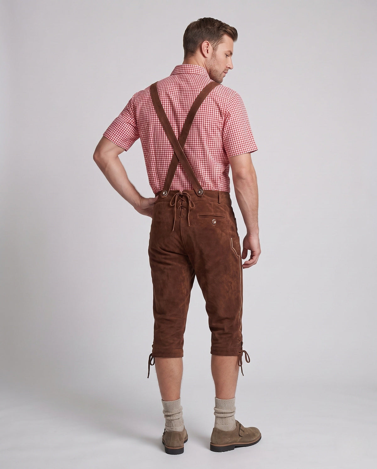 Traditionelle læder-Lederhosen-shorts til mænd – broderede seleshorts i knælængde til bayerske Oktoberfest-festivaler, folkefester, kulturarvsbegivenheder og traditionel styling