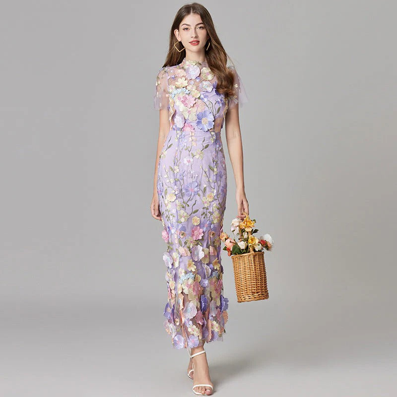 Women’s Embroidered Mesh Maxi Dress Statement Occasion Style