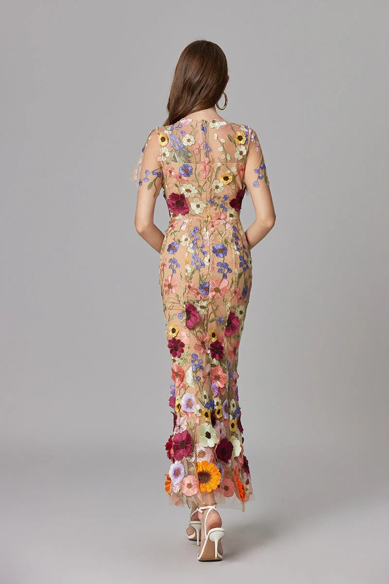 Women’s Embroidered Mesh Maxi Dress Statement Occasion Style