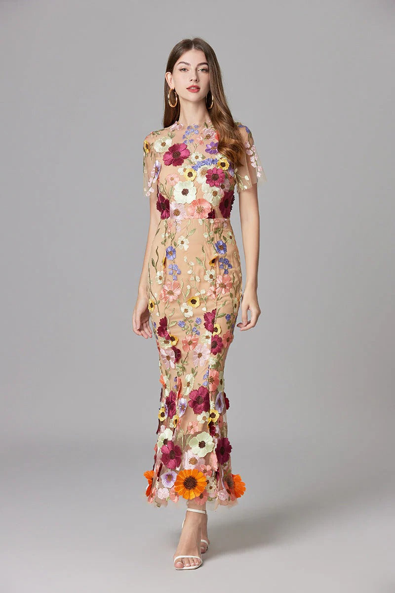 Women’s Embroidered Mesh Maxi Dress Statement Occasion Style