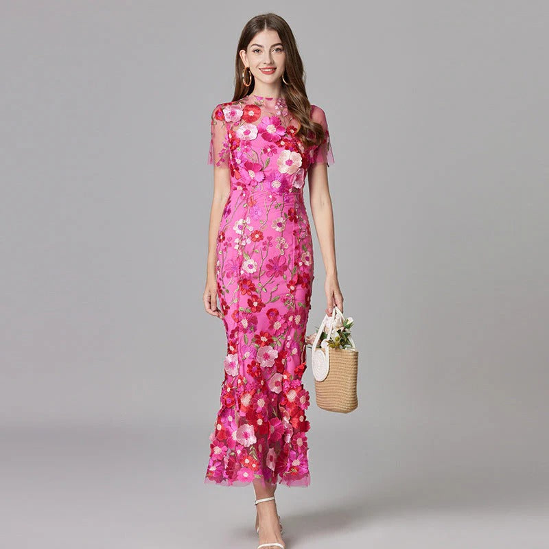 Women’s Embroidered Mesh Maxi Dress Statement Occasion Style
