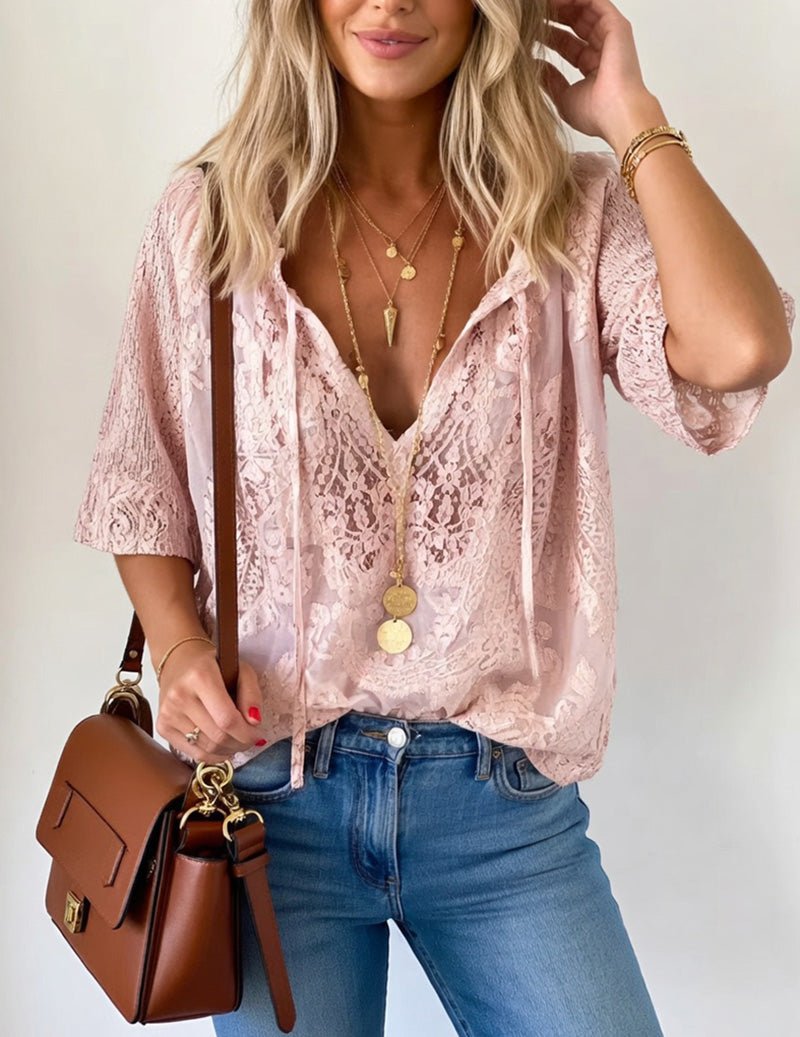 Women’s Sheer Lace Blouse with Tie Front Neckline