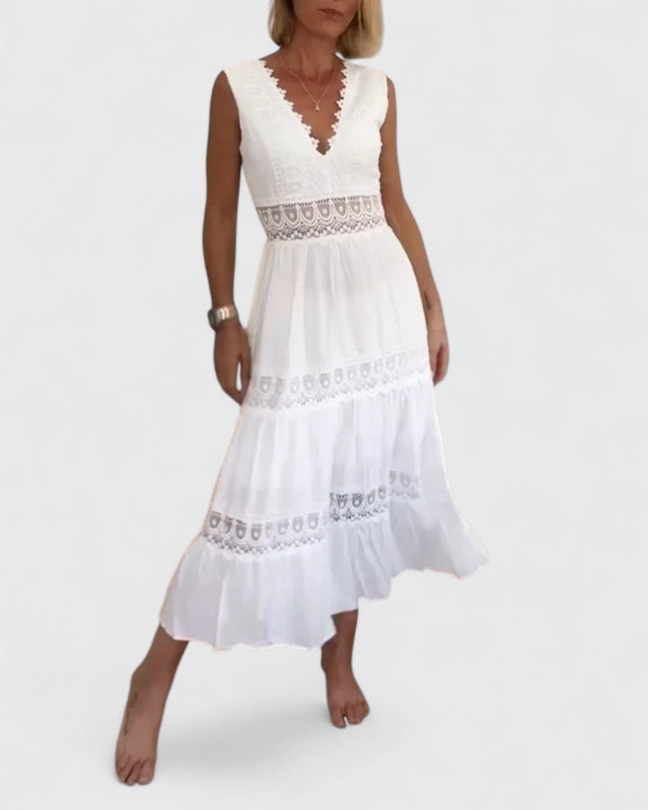 Women’s Lace-Trim Midi Dress – Sleeveless V-Neck Style for Summer Events