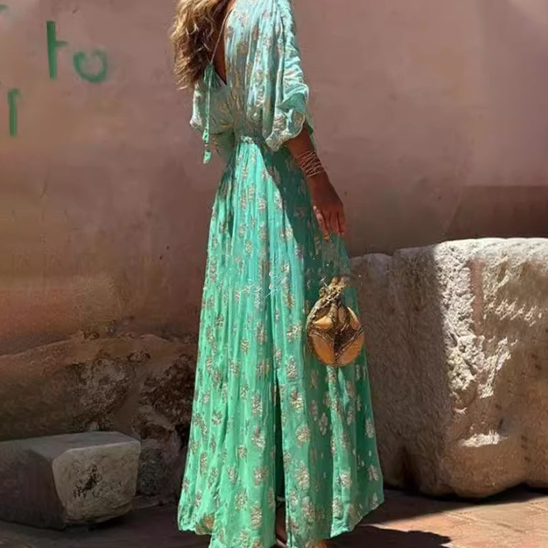 Vestido de Noche Maxi Kaftán Ombre Botánico Dorado para Mujer