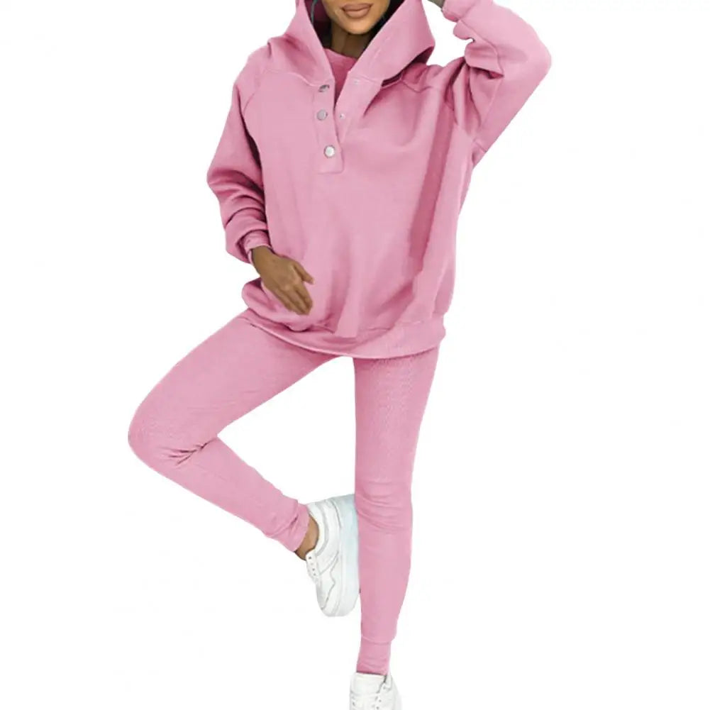 Dameshoodie met knoopsluiting bij de hals en legging-set – Ontspannen casual outfit met twee delen