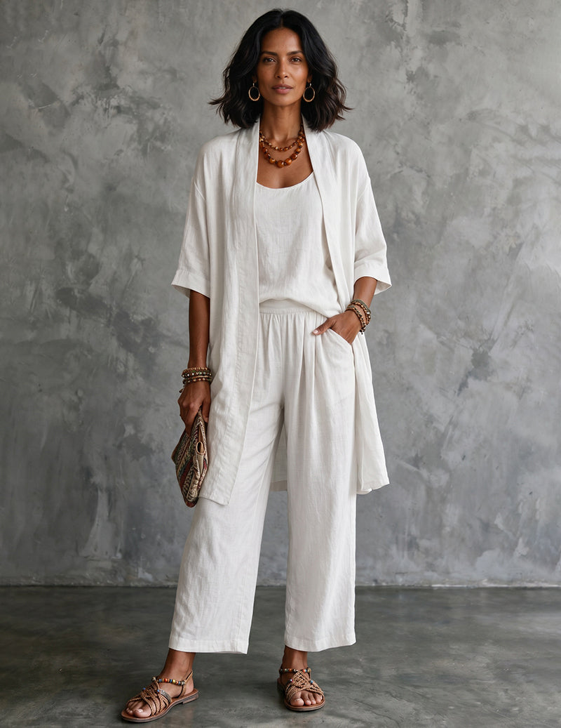Completo da donna in lino a tre pezzi con cardigan lungo