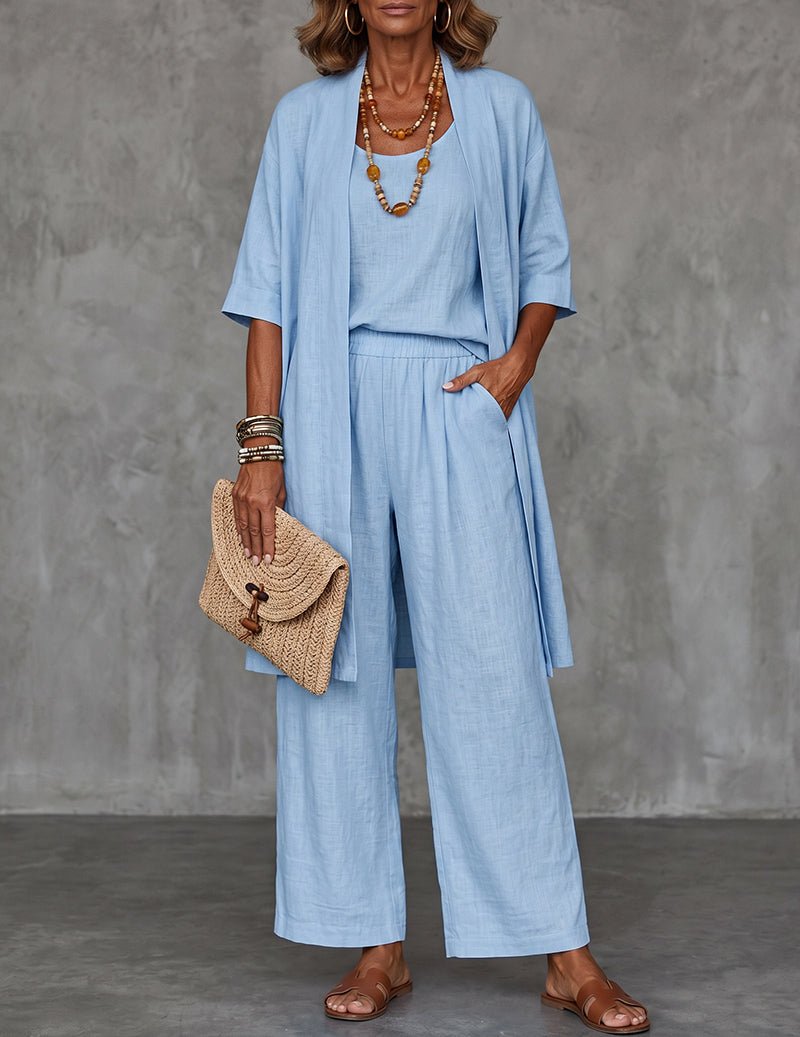 Completo da donna in lino a tre pezzi con cardigan lungo