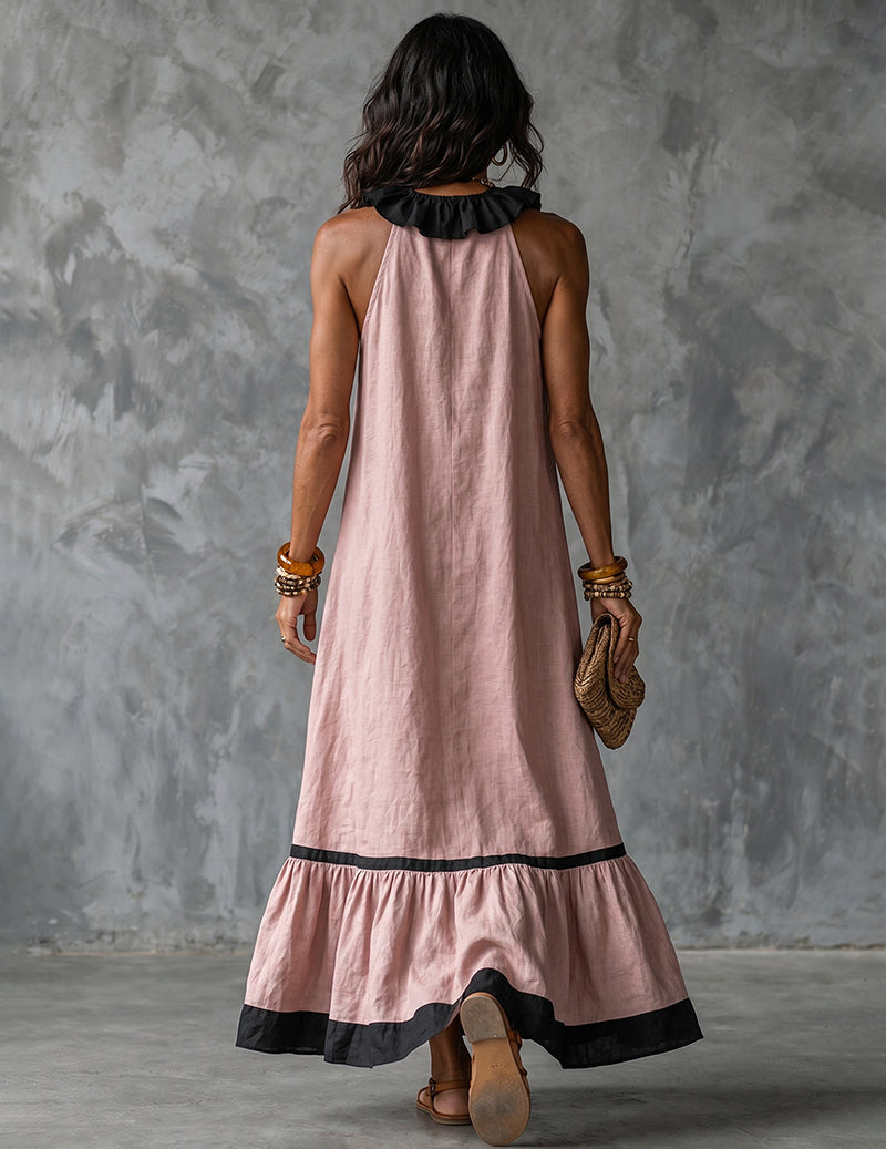 Women’s Sleeveless Maxi Dress with Ruffle Trim Neckline