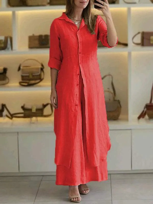 Conjunto de lino para mujer con botones al frente y corte largo