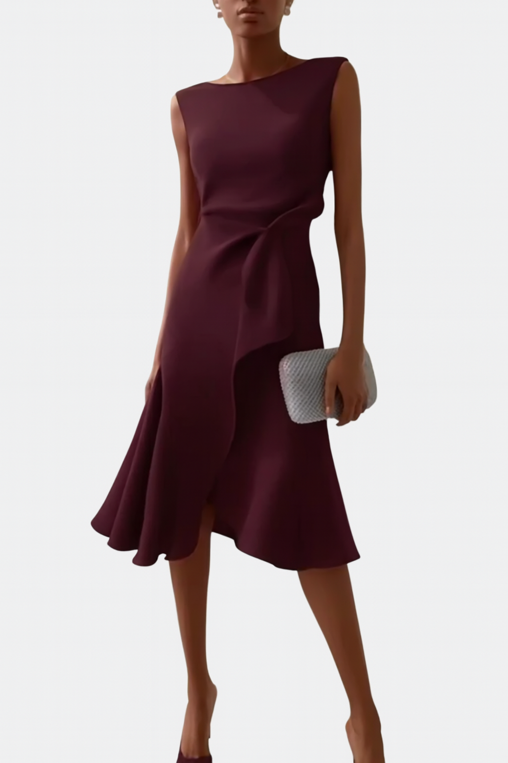 Abito midi senza maniche da donna, stile serale asimmetrico drappeggiato