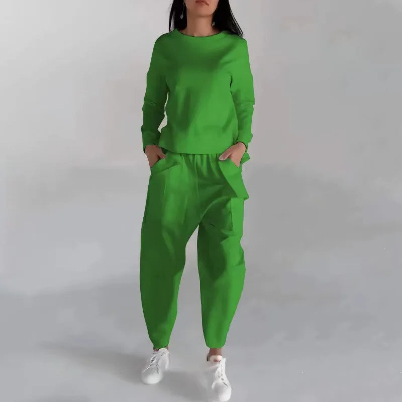 Sweatshirt voor dames met ronde hals en cargojogger – relaxte tweedelige casual outfit