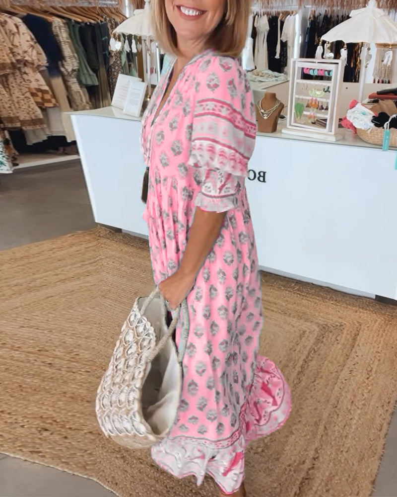 Women’s Printed V-Neck Maxi Dress Relaxed Boho Style