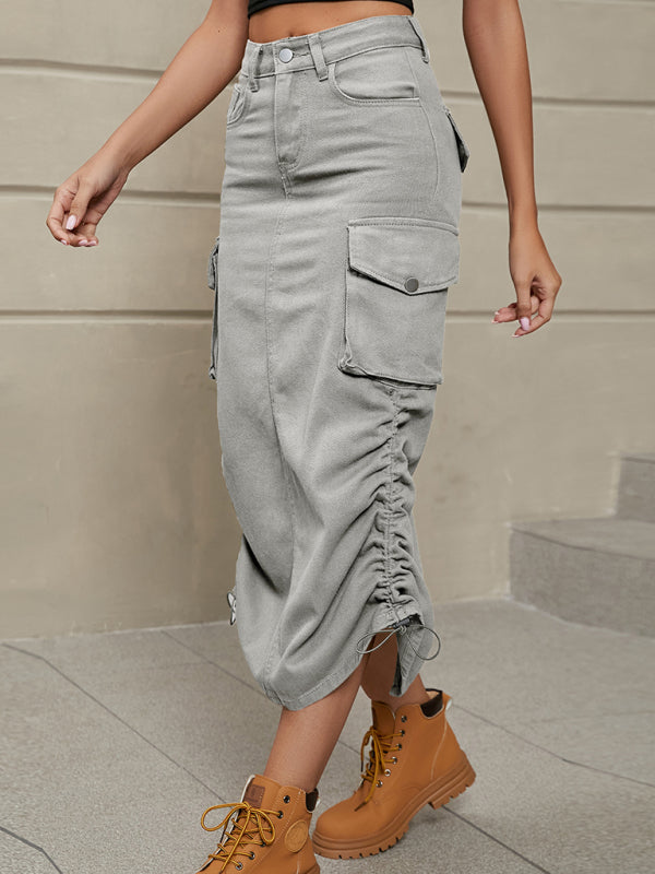 Women’s High-Waisted Cargo Midi Skirt – Utility Pocket Drawstring Hem Streetwear Style for Casual City Days Weekend Outings Travel and Transitional Everyday Wear