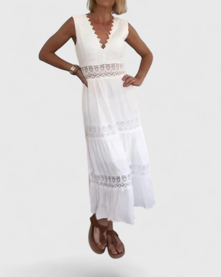 Women’s Lace-Trim Midi Dress – Sleeveless V-Neck Style for Summer Events
