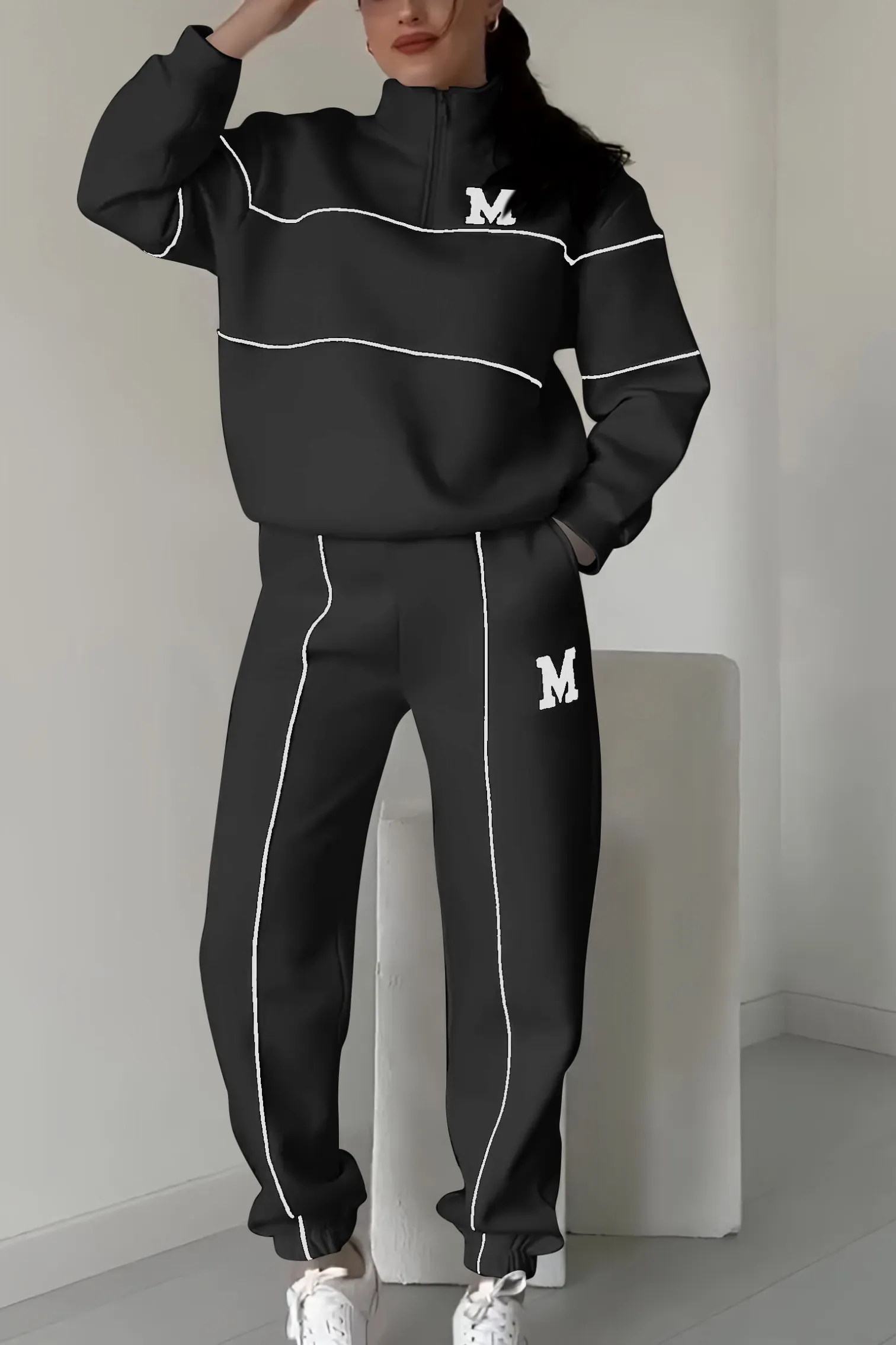 Women’s Zip Neck Tracksuit Set with Tapered Joggers