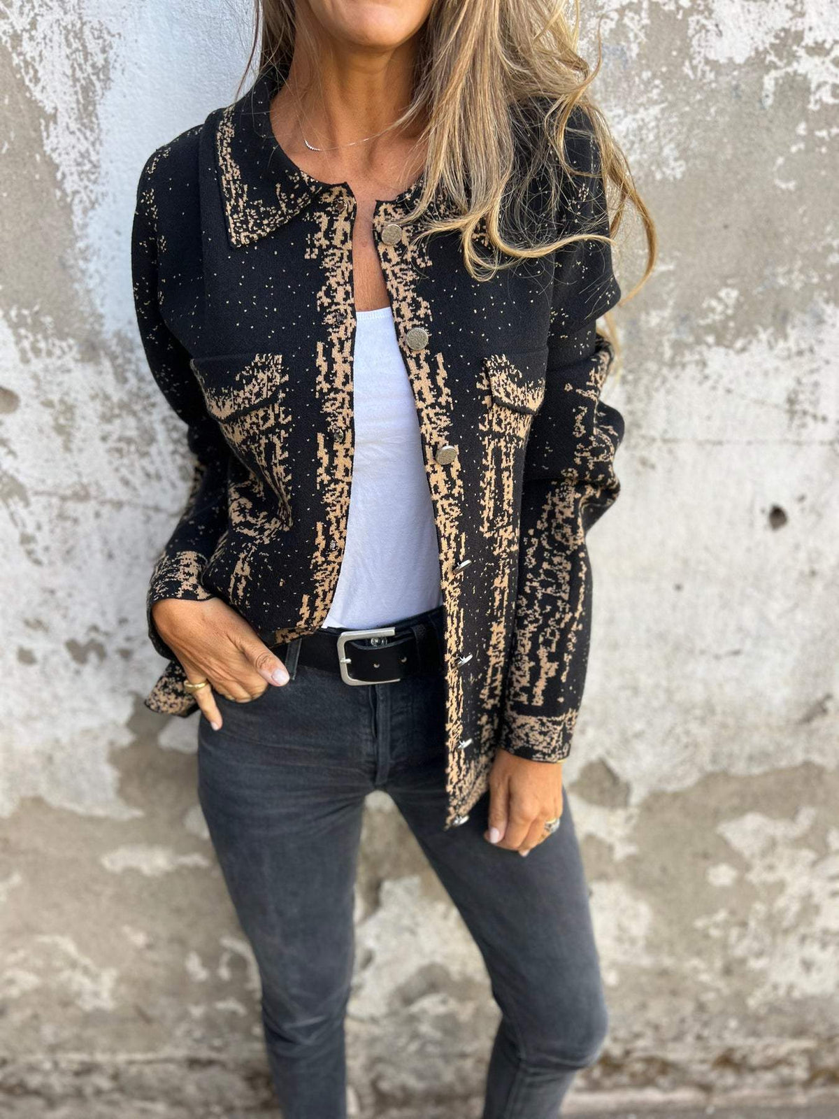 Jachetă de damă din tricot texturat, cu nasturi în față și buzunare la piept – Îmbrăcăminte exterioară casual, lejeră, cu imprimeu, pentru toamnă și iarnă