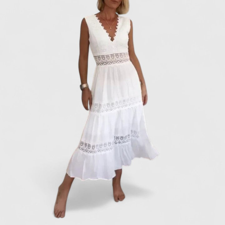Women’s Lace-Trim Midi Dress – Sleeveless V-Neck Style for Summer Events