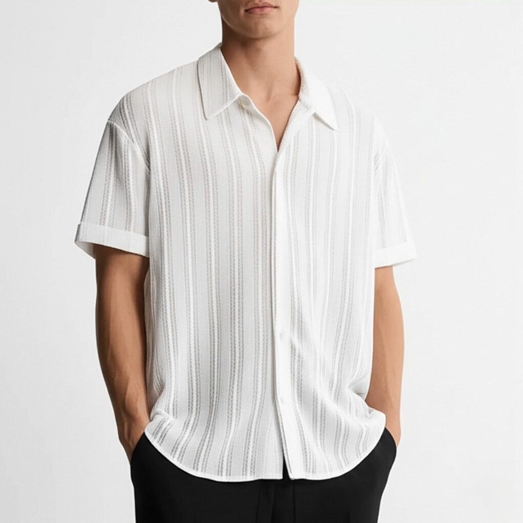 Men’s Knit Polo Shirt Textured Vertical Stripe Summer Top