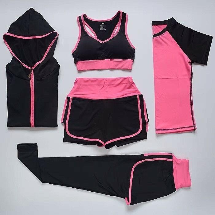 Conjunto de Cinco Peças de Roupa Desportiva para Mulher, Equipamento de Treino de Performance  