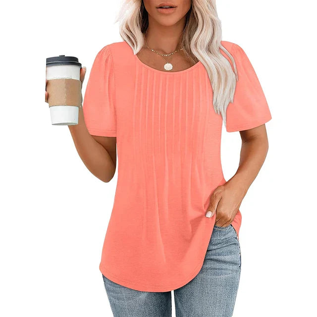 Damska koszulka z krótkim rękawem, plisowanym przodem i okrągłym dekoltem