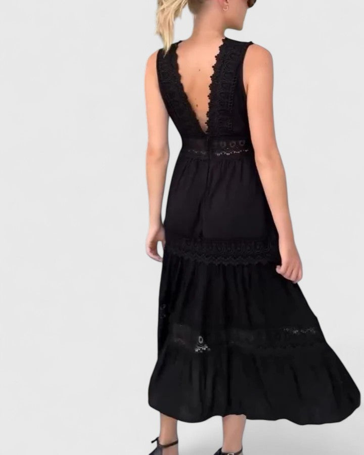 Women’s Lace-Trim Midi Dress – Sleeveless V-Neck Style for Summer Events
