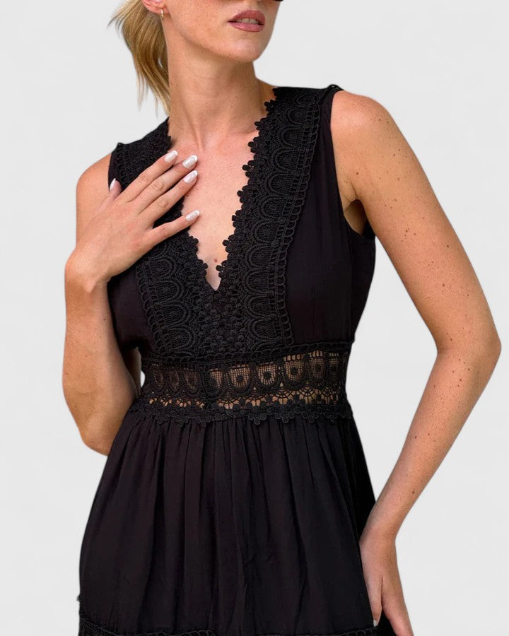 Women’s Lace-Trim Midi Dress – Sleeveless V-Neck Style for Summer Events