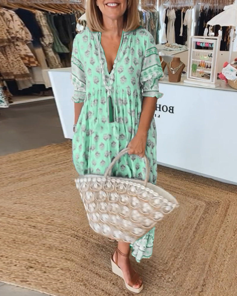 Women’s Printed V-Neck Maxi Dress Relaxed Boho Style