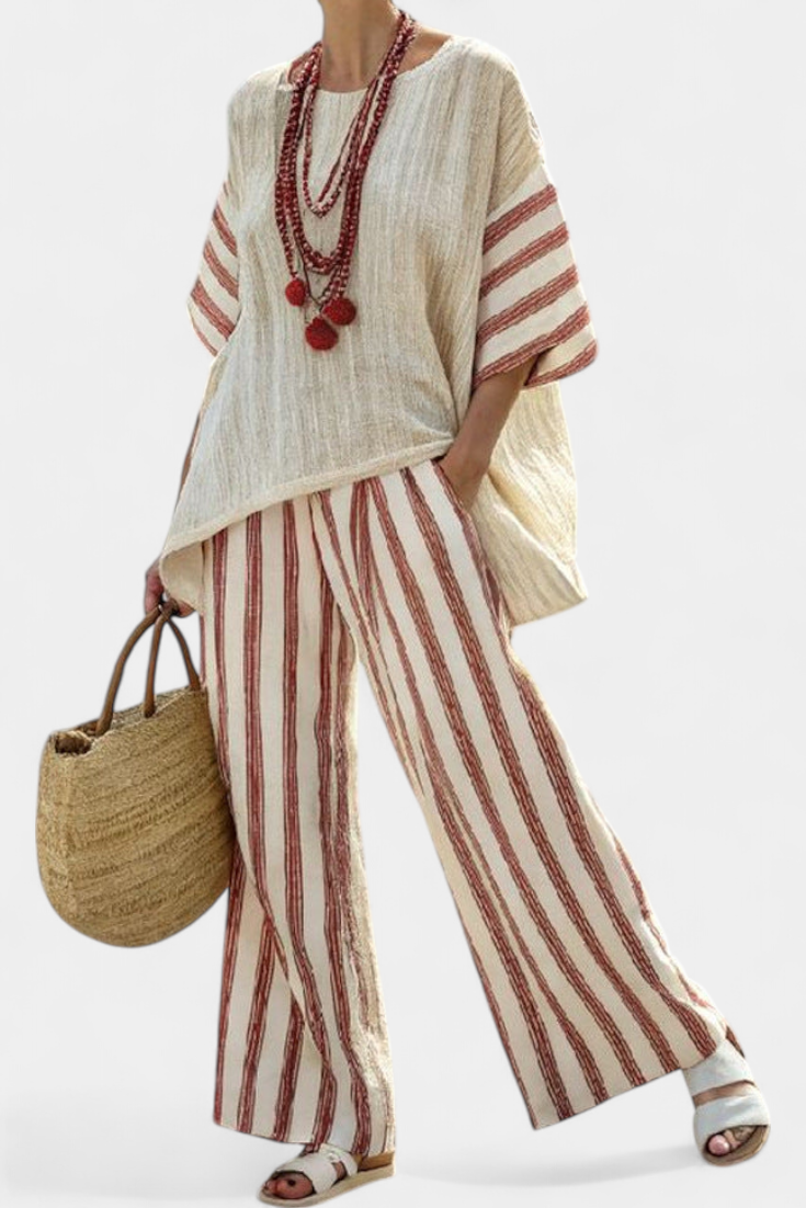 Bedrukte boho-dameset met lange broek voor de zomer – oversized top met korte mouwen en losvallende broek met wijde pijpen voor casual vakantiedagen