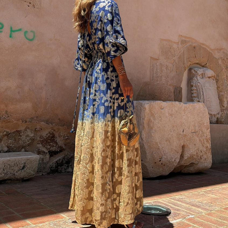 Vestido de Noche Maxi Kaftán Ombre Botánico Dorado para Mujer