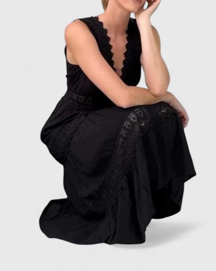 Women’s Lace-Trim Midi Dress – Sleeveless V-Neck Style for Summer Events