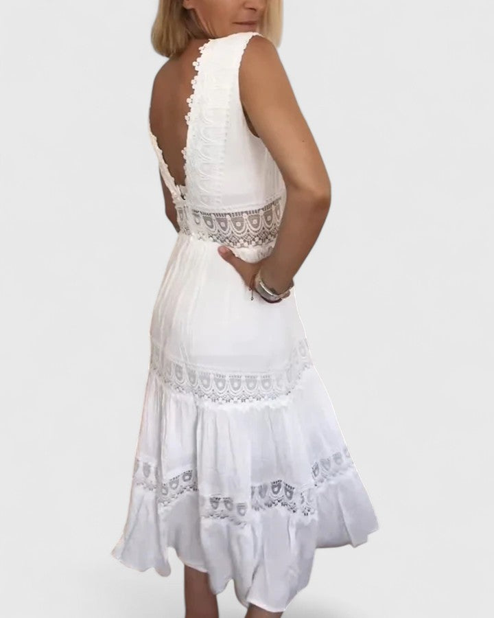Women’s Lace-Trim Midi Dress – Sleeveless V-Neck Style for Summer Events