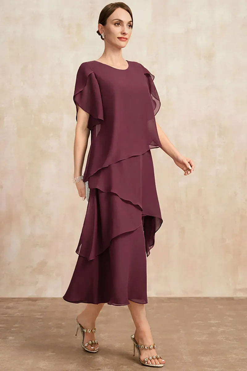 Abito midi da donna a strati in chiffon – Stile estivo fluido da cerimonia con maniche corte