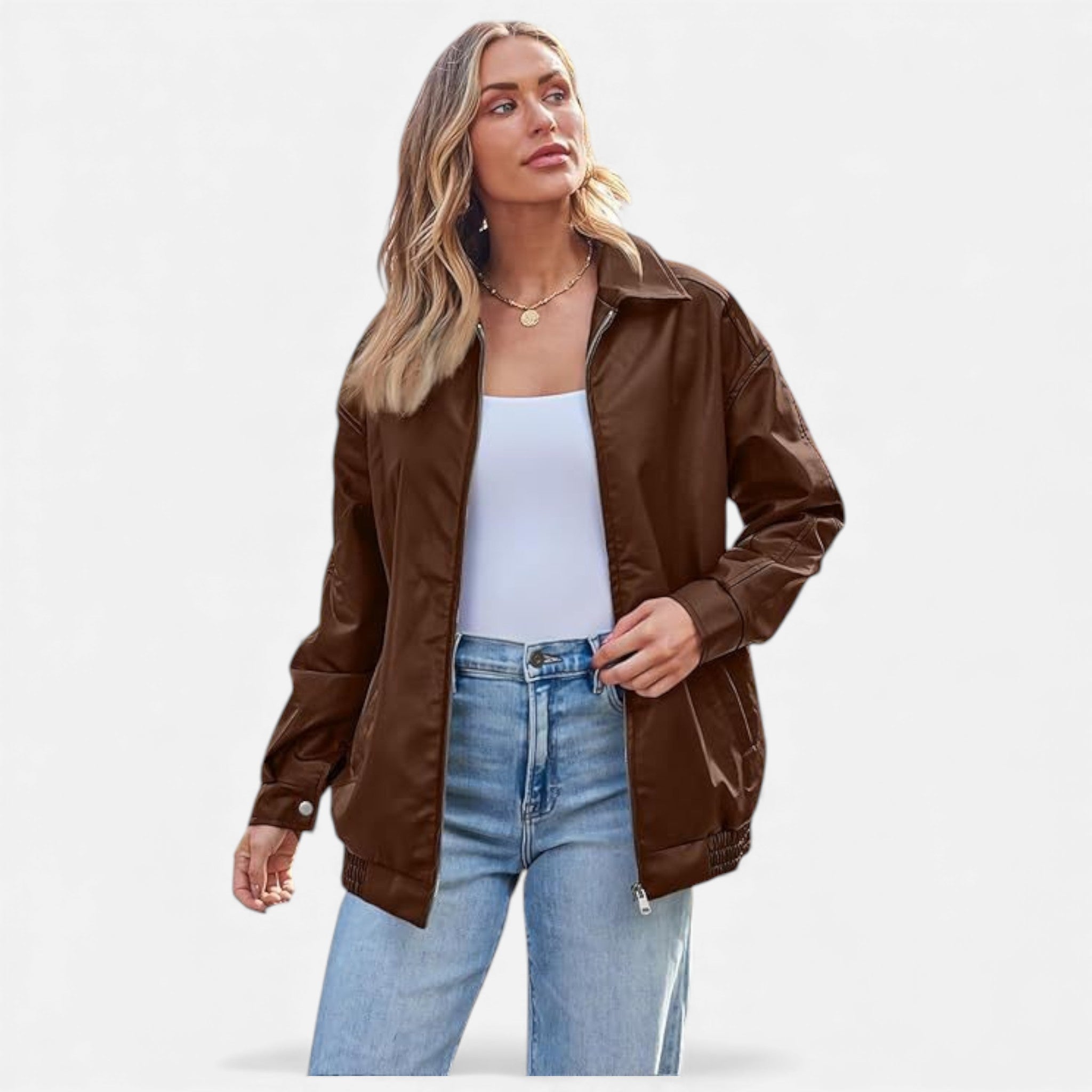 Valmonti | Women’s Leather Overcoat – Classic Lapel Moto-Style Coat