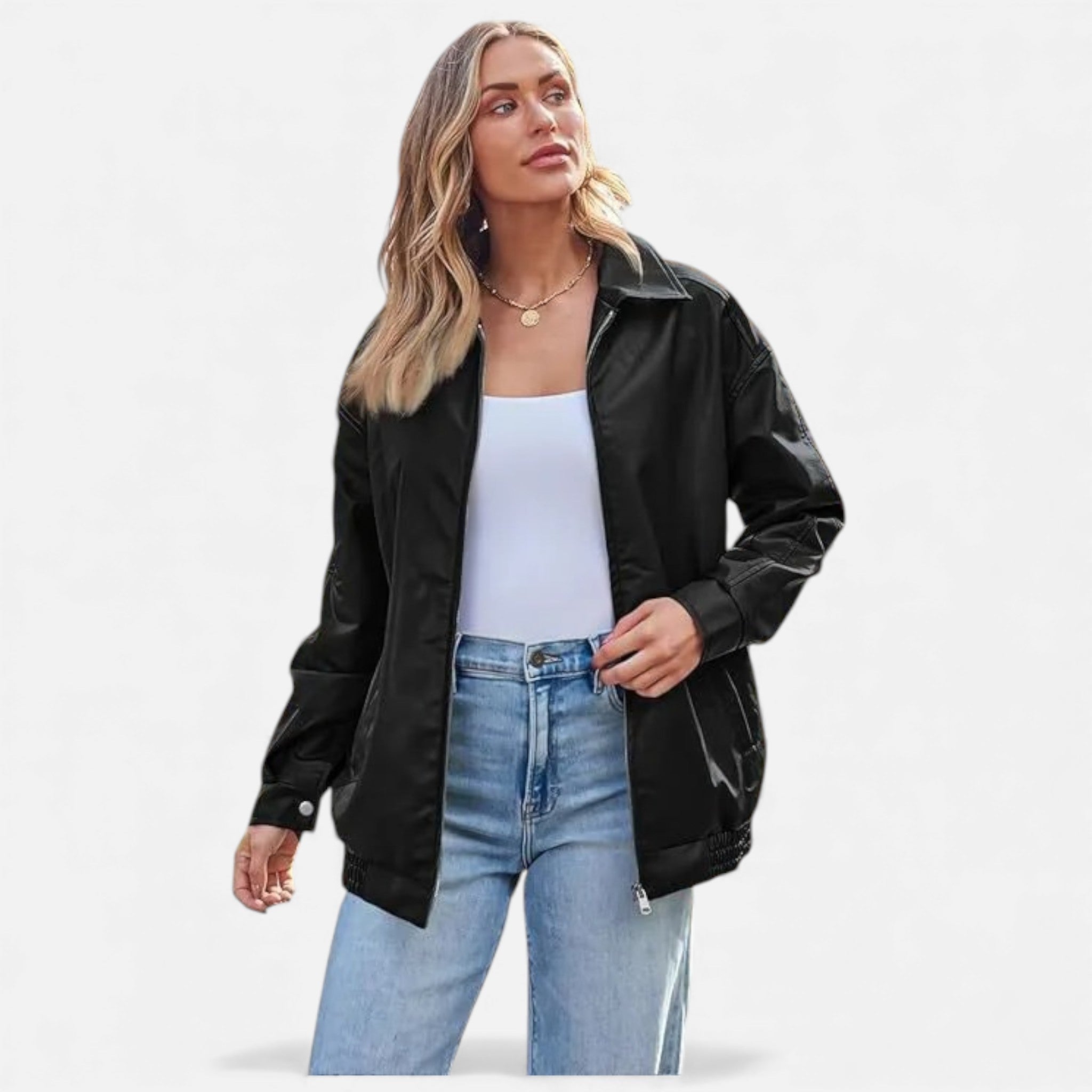 Valmonti | Women’s Leather Overcoat – Classic Lapel Moto-Style Coat